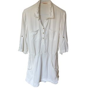 Bella‎ Dahl White Collared Button Front Tunic Dress Pockets Casual Lounge L